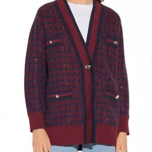 [Sandro] Contrast Trim Oversized Tweed Cardigan - Navy/Burgundy